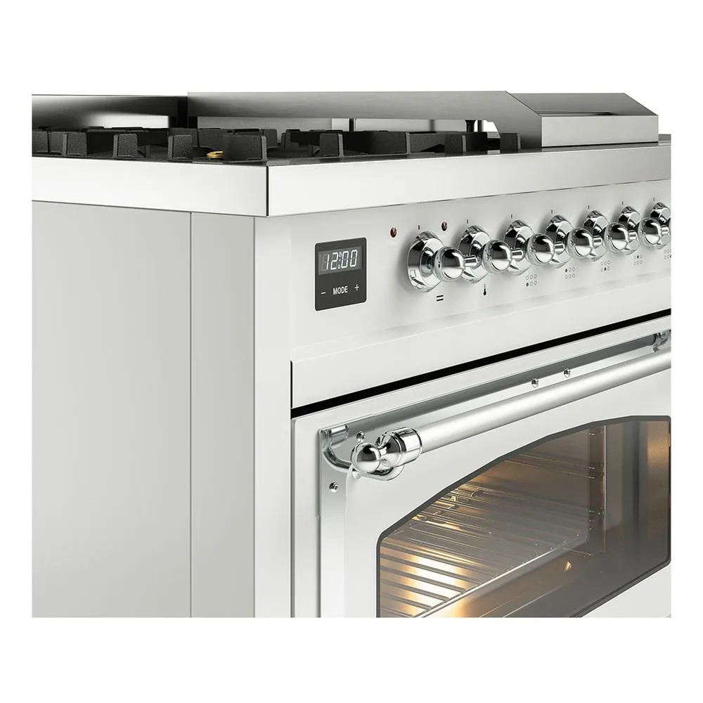 Ilve UN48FSNMPWHCLP Ilve Un48Fsnmpwhclp Nostalgie Ii Noblesse 48" Dual Fuel Range (5 Sealed Burners   Griddle   French Top, Liquid Propane, Triple Glass Door, White, Chrome)