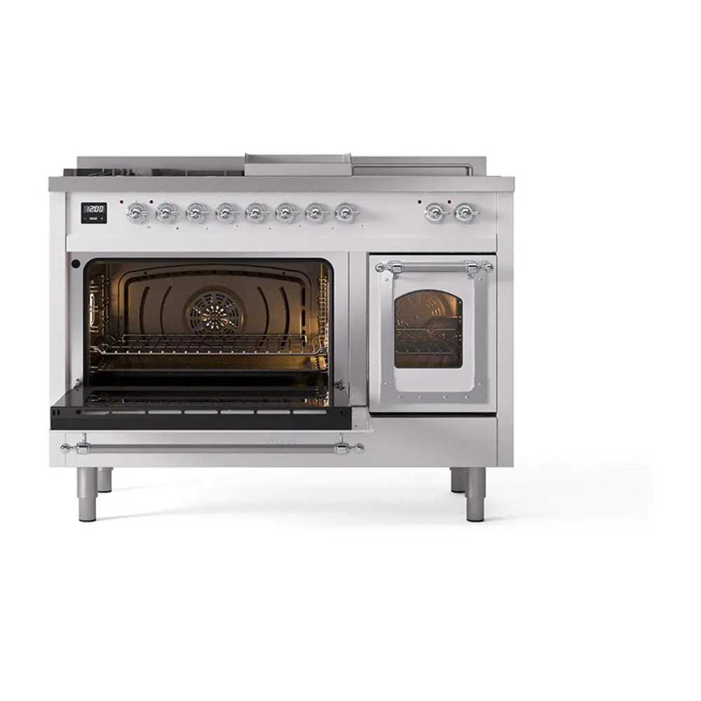 Ilve UN48FSNMPWHCLP Ilve Un48Fsnmpwhclp Nostalgie Ii Noblesse 48" Dual Fuel Range (5 Sealed Burners   Griddle   French Top, Liquid Propane, Triple Glass Door, White, Chrome)