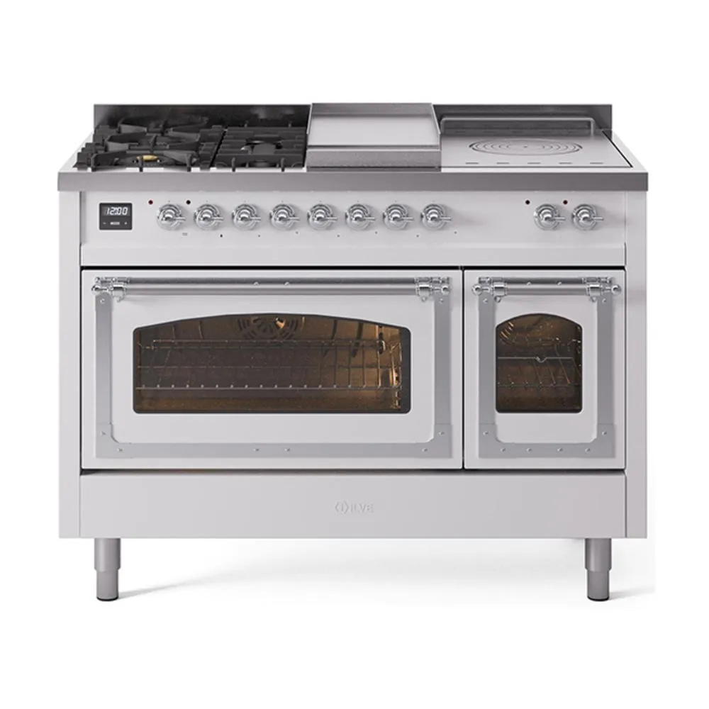 Ilve UN48FSNMPWHCLP Ilve Un48Fsnmpwhclp Nostalgie Ii Noblesse 48" Dual Fuel Range (5 Sealed Burners   Griddle   French Top, Liquid Propane, Triple Glass Door, White, Chrome)