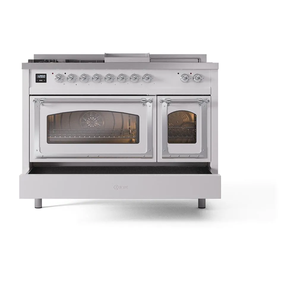 Ilve UN48FSNMPWHCLP Ilve Un48Fsnmpwhclp Nostalgie Ii Noblesse 48" Dual Fuel Range (5 Sealed Burners   Griddle   French Top, Liquid Propane, Triple Glass Door, White, Chrome)