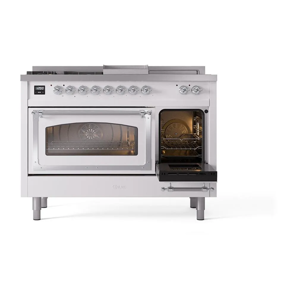 Ilve UN48FSNMPWHCLP Ilve Un48Fsnmpwhclp Nostalgie Ii Noblesse 48" Dual Fuel Range (5 Sealed Burners   Griddle   French Top, Liquid Propane, Triple Glass Door, White, Chrome)