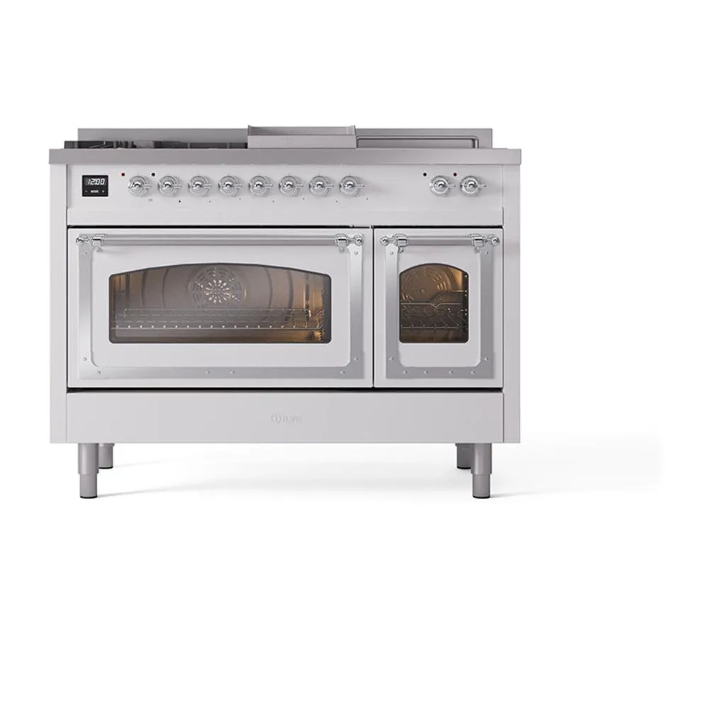 Ilve UN48FSNMPWHCLP Ilve Un48Fsnmpwhclp Nostalgie Ii Noblesse 48" Dual Fuel Range (5 Sealed Burners   Griddle   French Top, Liquid Propane, Triple Glass Door, White, Chrome)