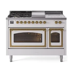 Ilve UN48FSNMPWHGLP Ilve Un48Fsnmpwhglp Nostalgie Ii Noblesse 48" Dual Fuel Range (5 Sealed Burners   Griddle   French Top, Liquid Propane, Triple Glass Door, White, Brass)