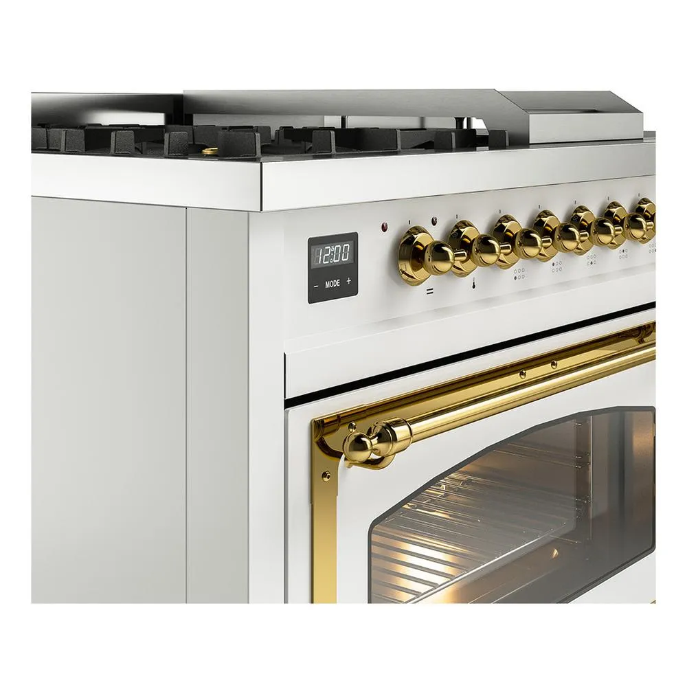 Ilve UN48FSNMPWHGLP Ilve Un48Fsnmpwhglp Nostalgie Ii Noblesse 48" Dual Fuel Range (5 Sealed Burners   Griddle   French Top, Liquid Propane, Triple Glass Door, White, Brass)