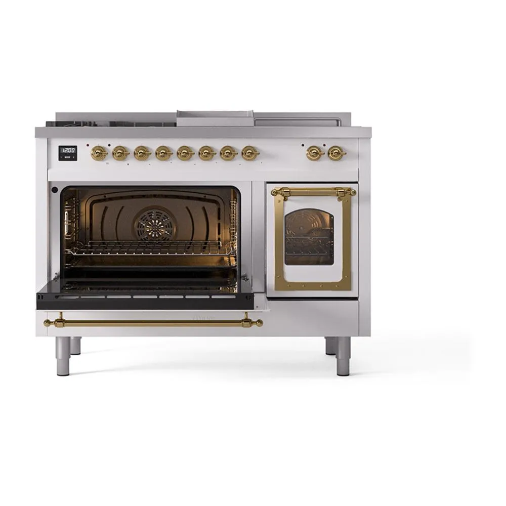 Ilve UN48FSNMPWHGLP Ilve Un48Fsnmpwhglp Nostalgie Ii Noblesse 48" Dual Fuel Range (5 Sealed Burners   Griddle   French Top, Liquid Propane, Triple Glass Door, White, Brass)