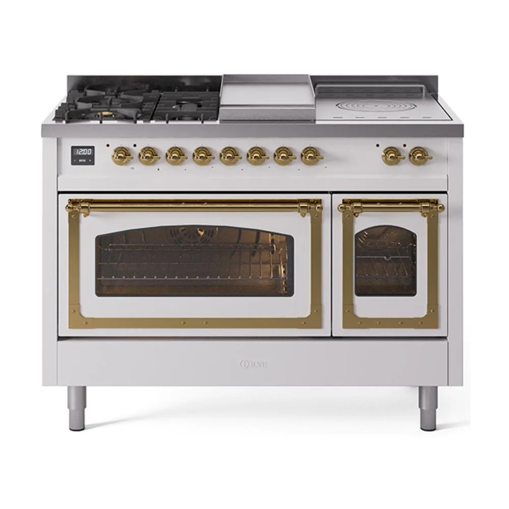 Ilve UN48FSNMPWHGLP Ilve Un48Fsnmpwhglp Nostalgie Ii Noblesse 48" Dual Fuel Range (5 Sealed Burners   Griddle   French Top, Liquid Propane, Triple Glass Door, White, Brass)