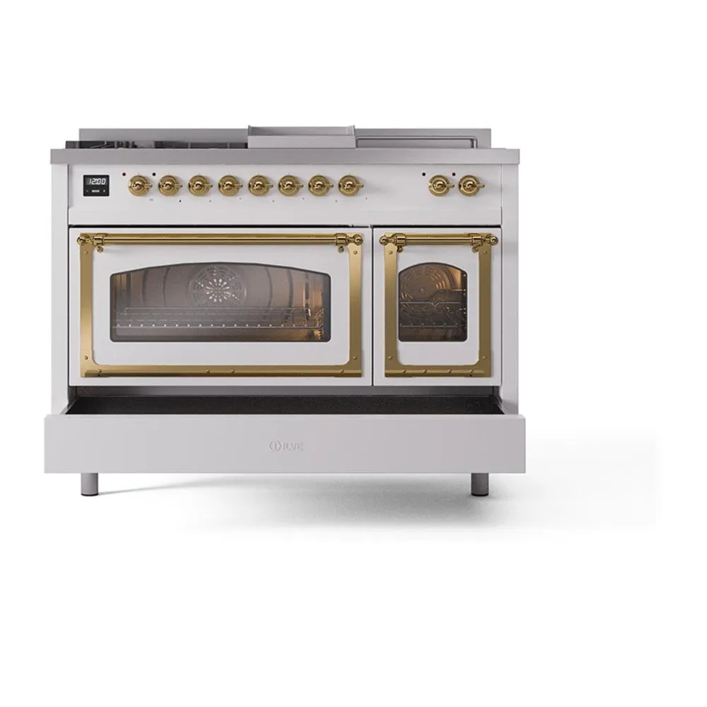 Ilve UN48FSNMPWHGLP Ilve Un48Fsnmpwhglp Nostalgie Ii Noblesse 48" Dual Fuel Range (5 Sealed Burners   Griddle   French Top, Liquid Propane, Triple Glass Door, White, Brass)