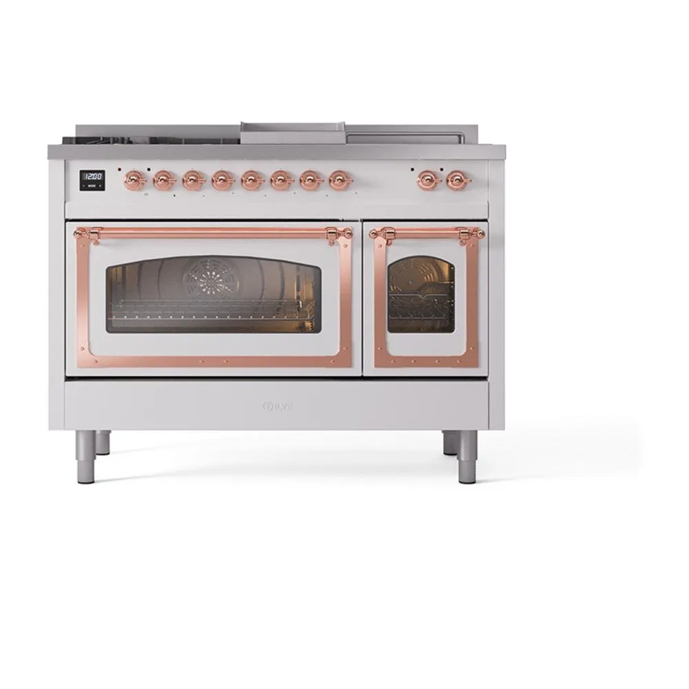 Ilve UN48FSNMPWHPLP Ilve Un48Fsnmpwhplp Nostalgie Ii Noblesse 48" Dual Fuel Range (5 Sealed Burners   Griddle   French Top, Liquid Propane, Triple Glass Door, White, Copper)
