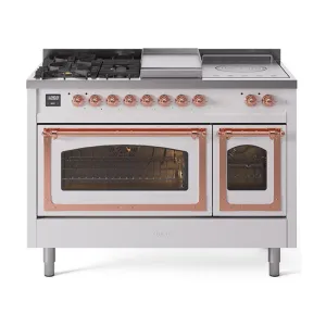 Ilve UN48FSNMPWHPLP Ilve Un48Fsnmpwhplp Nostalgie Ii Noblesse 48" Dual Fuel Range (5 Sealed Burners   Griddle   French Top, Liquid Propane, Triple Glass Door, White, Copper)