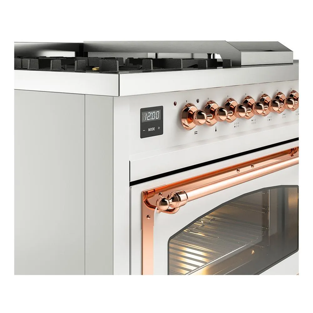 Ilve UN48FSNMPWHPLP Ilve Un48Fsnmpwhplp Nostalgie Ii Noblesse 48" Dual Fuel Range (5 Sealed Burners   Griddle   French Top, Liquid Propane, Triple Glass Door, White, Copper)