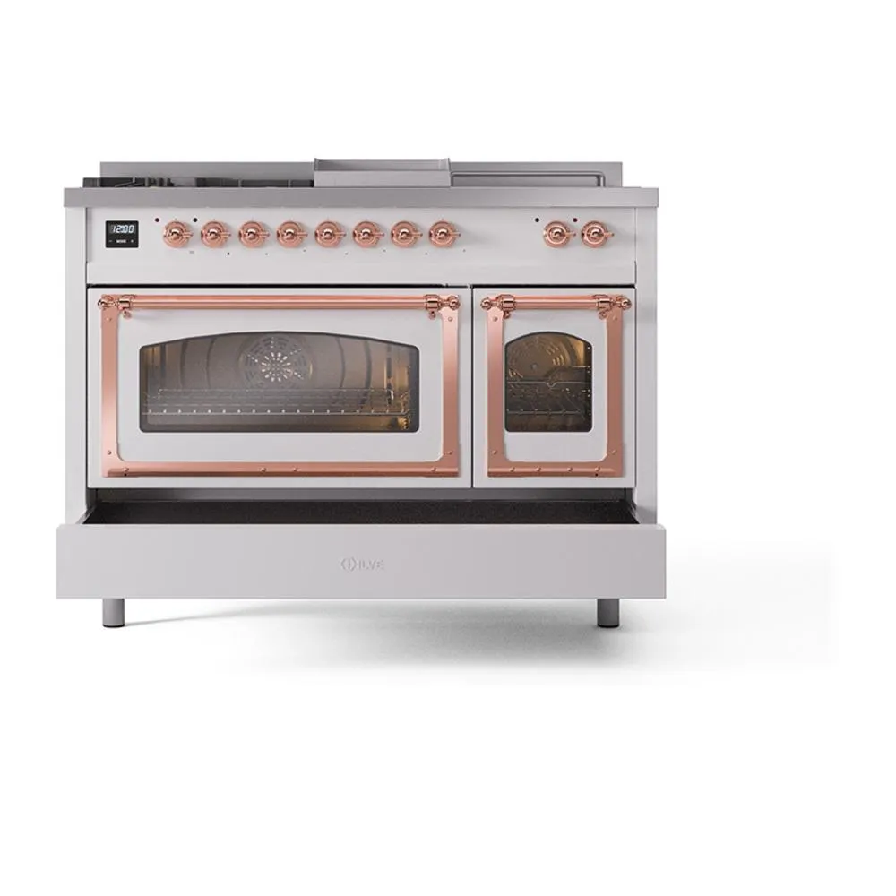 Ilve UN48FSNMPWHPLP Ilve Un48Fsnmpwhplp Nostalgie Ii Noblesse 48" Dual Fuel Range (5 Sealed Burners   Griddle   French Top, Liquid Propane, Triple Glass Door, White, Copper)