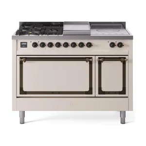 Ilve UN48FSQNMPAWB Ilve Un48Fsqnmpawb Nostalgie Ii Noblesse 48" Dual Fuel Range (5 Sealed Burners   Griddle   French Top, Natural Gas, Solid Door, Antique White, Burnished)