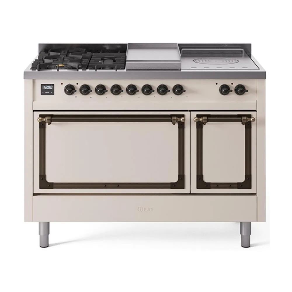 Ilve UN48FSQNMPAWB Ilve Un48Fsqnmpawb Nostalgie Ii Noblesse 48" Dual Fuel Range (5 Sealed Burners   Griddle   French Top, Natural Gas, Solid Door, Antique White, Burnished)