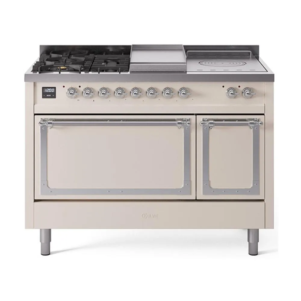 Ilve UN48FSQNMPAWC Ilve Un48Fsqnmpawc Nostalgie Ii Noblesse 48" Dual Fuel Range (5 Sealed Burners   Griddle   French Top, Natural Gas, Solid Door, Antique White, Chrome)