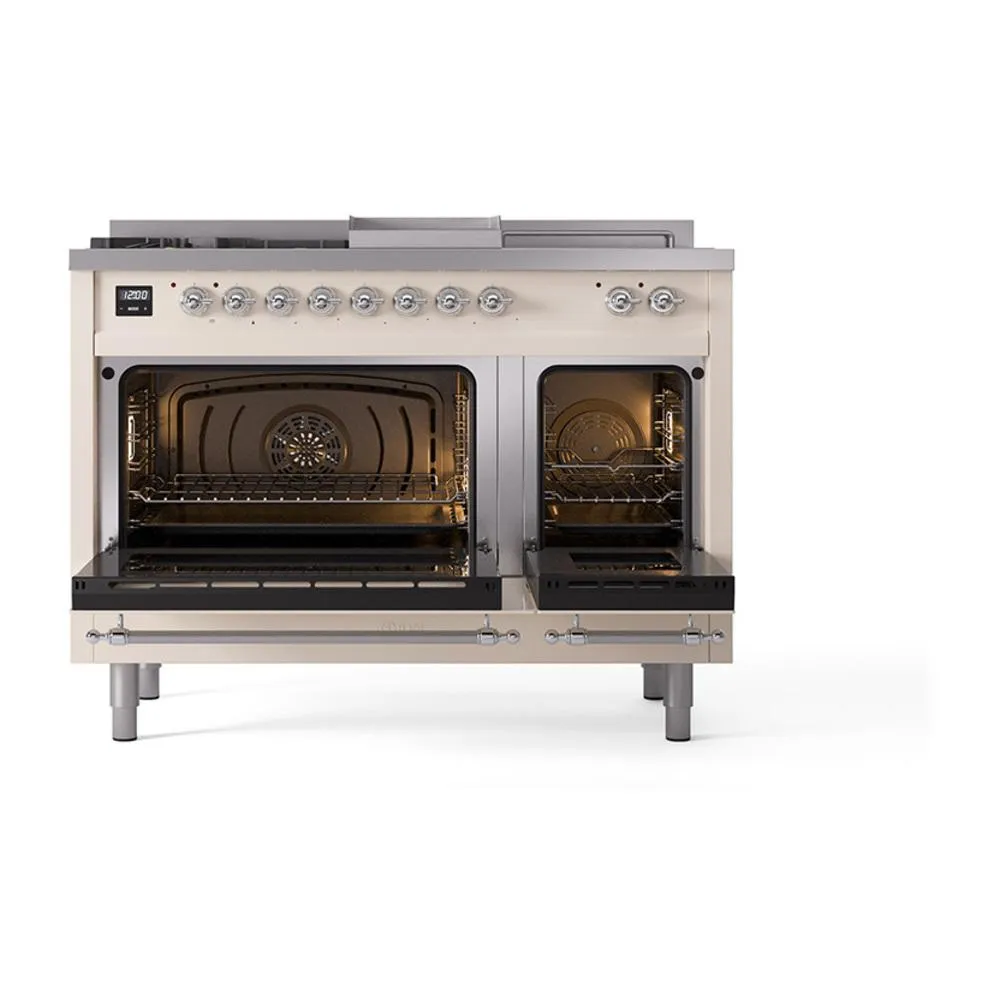Ilve UN48FSQNMPAWC Ilve Un48Fsqnmpawc Nostalgie Ii Noblesse 48" Dual Fuel Range (5 Sealed Burners   Griddle   French Top, Natural Gas, Solid Door, Antique White, Chrome)