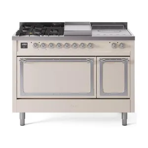 Ilve UN48FSQNMPAWC Ilve Un48Fsqnmpawc Nostalgie Ii Noblesse 48" Dual Fuel Range (5 Sealed Burners   Griddle   French Top, Natural Gas, Solid Door, Antique White, Chrome)