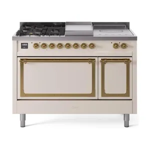 Ilve UN48FSQNMPAWG Ilve Un48Fsqnmpawg Nostalgie Ii Noblesse 48" Dual Fuel Range (5 Sealed Burners   Griddle   French Top, Natural Gas, Solid Door, Antique White, Brass)