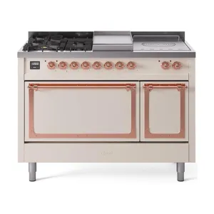 Ilve UN48FSQNMPAWP Ilve Un48Fsqnmpawp Nostalgie Ii Noblesse 48" Dual Fuel Range (5 Sealed Burners   Griddle   French Top, Natural Gas, Solid Door, Antique White, Copper)