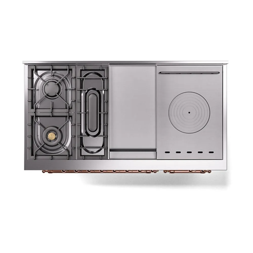 Ilve UN48FSQNMPAWP Ilve Un48Fsqnmpawp Nostalgie Ii Noblesse 48" Dual Fuel Range (5 Sealed Burners   Griddle   French Top, Natural Gas, Solid Door, Antique White, Copper)