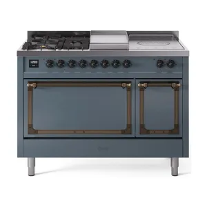 Ilve UN48FSQNMPBGB Ilve Un48Fsqnmpbgb Nostalgie Ii Noblesse 48" Dual Fuel Range (5 Sealed Burners   Griddle   French Top, Natural Gas, Solid Door, Blue Grey, Burnished)