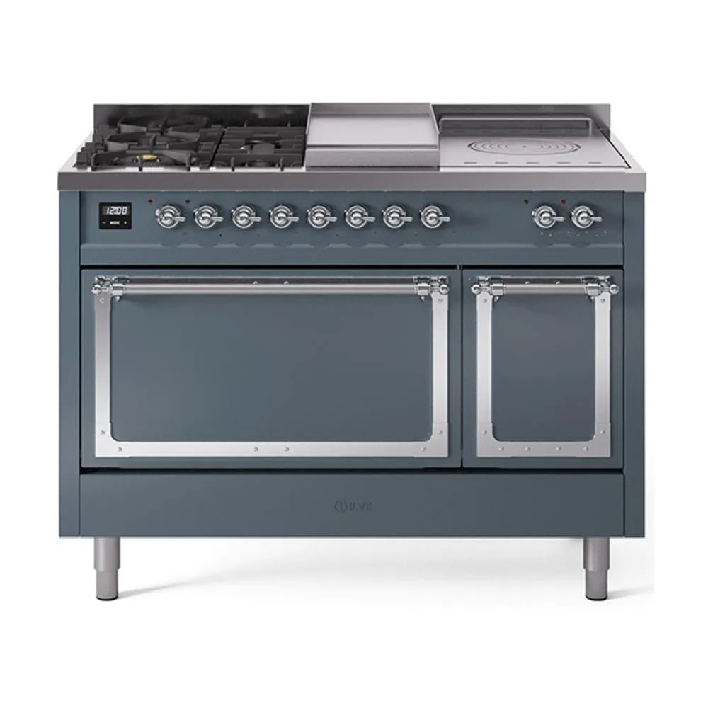 Ilve UN48FSQNMPBGCLP Ilve Un48Fsqnmpbgclp Nostalgie Ii Noblesse 48" Dual Fuel Range (5 Sealed Burners   Griddle   French Top, Liquid Propane, Solid Door, Blue Grey, Chrome)