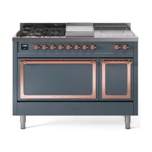 Ilve UN48FSQNMPBGP Ilve Un48Fsqnmpbgp Nostalgie Ii Noblesse 48" Dual Fuel Range (5 Sealed Burners   Griddle   French Top, Natural Gas, Solid Door, Blue Grey, Copper)