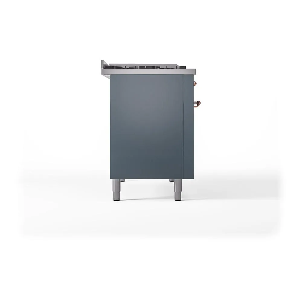 Ilve UN48FSQNMPBGP Ilve Un48Fsqnmpbgp Nostalgie Ii Noblesse 48" Dual Fuel Range (5 Sealed Burners   Griddle   French Top, Natural Gas, Solid Door, Blue Grey, Copper)