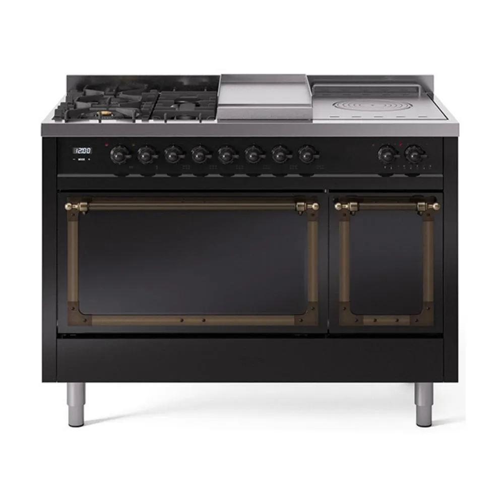 Ilve UN48FSQNMPBKB Ilve Un48Fsqnmpbkb Nostalgie Ii Noblesse 48" Dual Fuel Range (5 Sealed Burners   Griddle   French Top, Natural Gas, Solid Door, Glossy Black, Burnished)