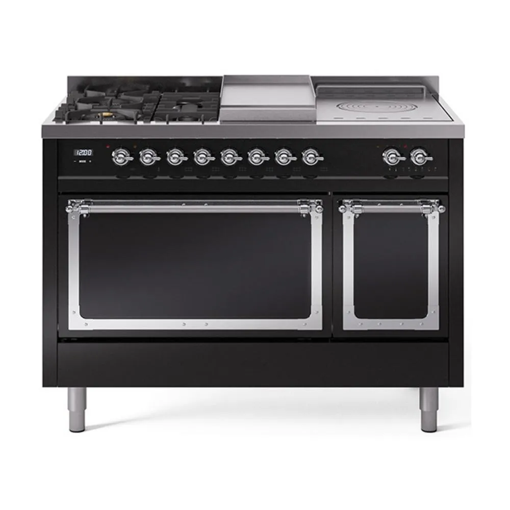 Ilve UN48FSQNMPBKC Ilve Un48Fsqnmpbkc Nostalgie Ii Noblesse 48" Dual Fuel Range (5 Sealed Burners   Griddle   French Top, Natural Gas, Solid Door, Glossy Black, Chrome)