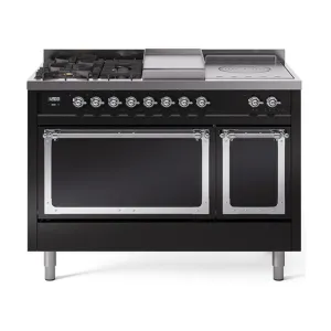 Ilve UN48FSQNMPBKC Ilve Un48Fsqnmpbkc Nostalgie Ii Noblesse 48" Dual Fuel Range (5 Sealed Burners   Griddle   French Top, Natural Gas, Solid Door, Glossy Black, Chrome)