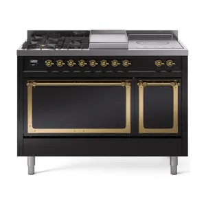 Ilve UN48FSQNMPBKGLP Ilve Un48Fsqnmpbkglp Nostalgie Ii Noblesse 48" Dual Fuel Range (5 Sealed Burners   Griddle   French Top, Liquid Propane, Solid Door, Glossy Black, Brass)