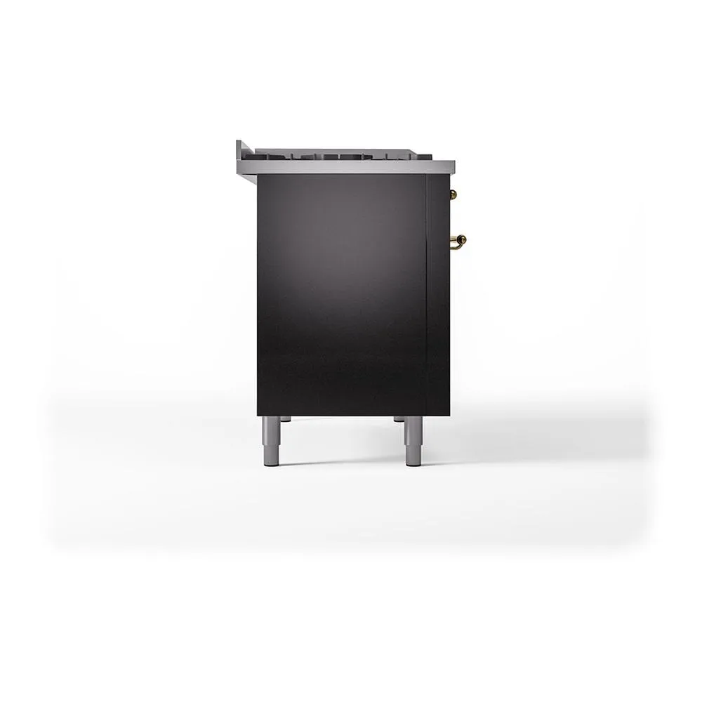 Ilve UN48FSQNMPBKGLP Ilve Un48Fsqnmpbkglp Nostalgie Ii Noblesse 48" Dual Fuel Range (5 Sealed Burners   Griddle   French Top, Liquid Propane, Solid Door, Glossy Black, Brass)