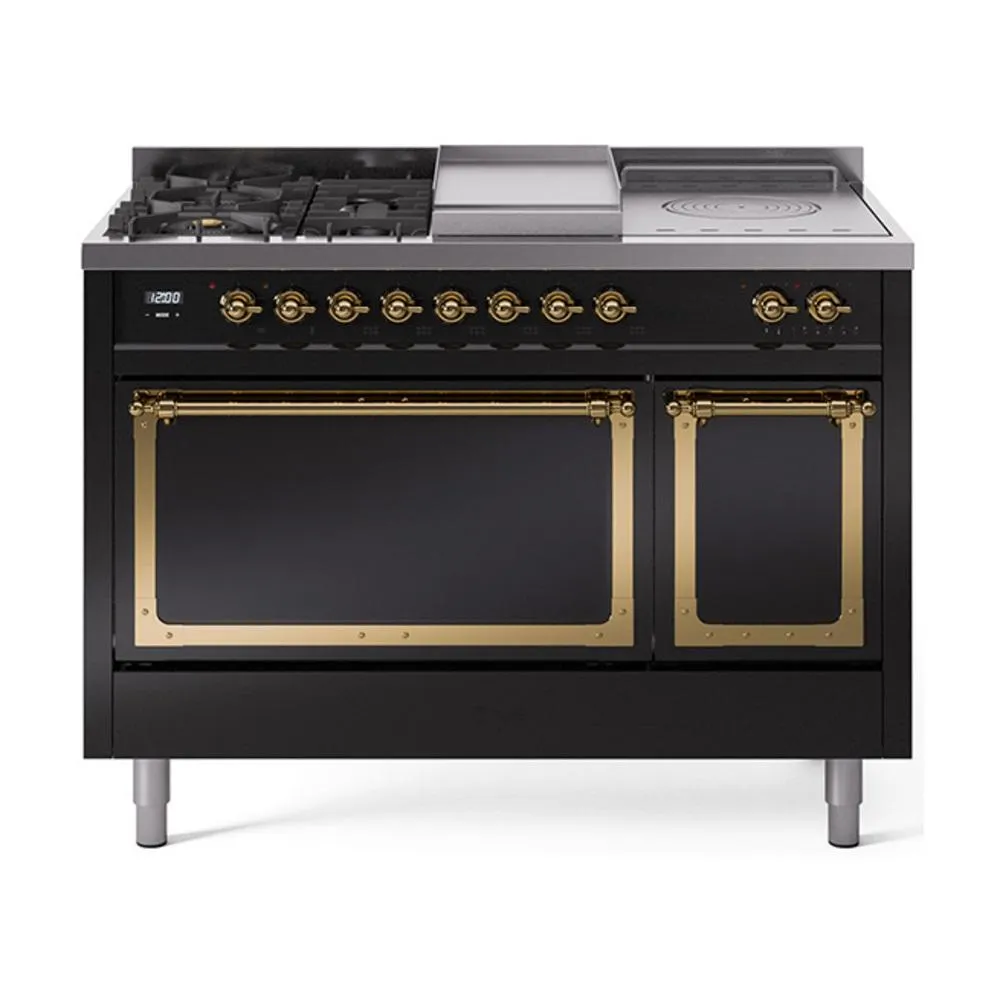 Ilve UN48FSQNMPBKGLP Ilve Un48Fsqnmpbkglp Nostalgie Ii Noblesse 48" Dual Fuel Range (5 Sealed Burners   Griddle   French Top, Liquid Propane, Solid Door, Glossy Black, Brass)