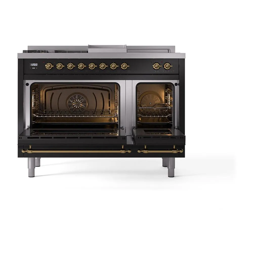 Ilve UN48FSQNMPBKGLP Ilve Un48Fsqnmpbkglp Nostalgie Ii Noblesse 48" Dual Fuel Range (5 Sealed Burners   Griddle   French Top, Liquid Propane, Solid Door, Glossy Black, Brass)