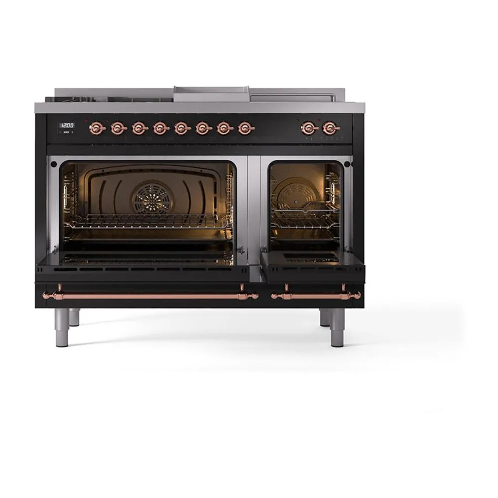 Ilve UN48FSQNMPBKP Ilve Un48Fsqnmpbkp Nostalgie Ii Noblesse 48" Dual Fuel Range (5 Sealed Burners   Griddle   French Top, Natural Gas, Solid Door, Glossy Black, Copper)