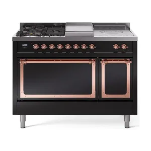 Ilve UN48FSQNMPBKP Ilve Un48Fsqnmpbkp Nostalgie Ii Noblesse 48" Dual Fuel Range (5 Sealed Burners   Griddle   French Top, Natural Gas, Solid Door, Glossy Black, Copper)