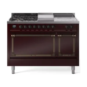 Ilve UN48FSQNMPBUB Ilve Un48Fsqnmpbub Nostalgie Ii Noblesse 48" Dual Fuel Range (5 Sealed Burners   Griddle   French Top, Natural Gas, Solid Door, Burgundy, Burnished)
