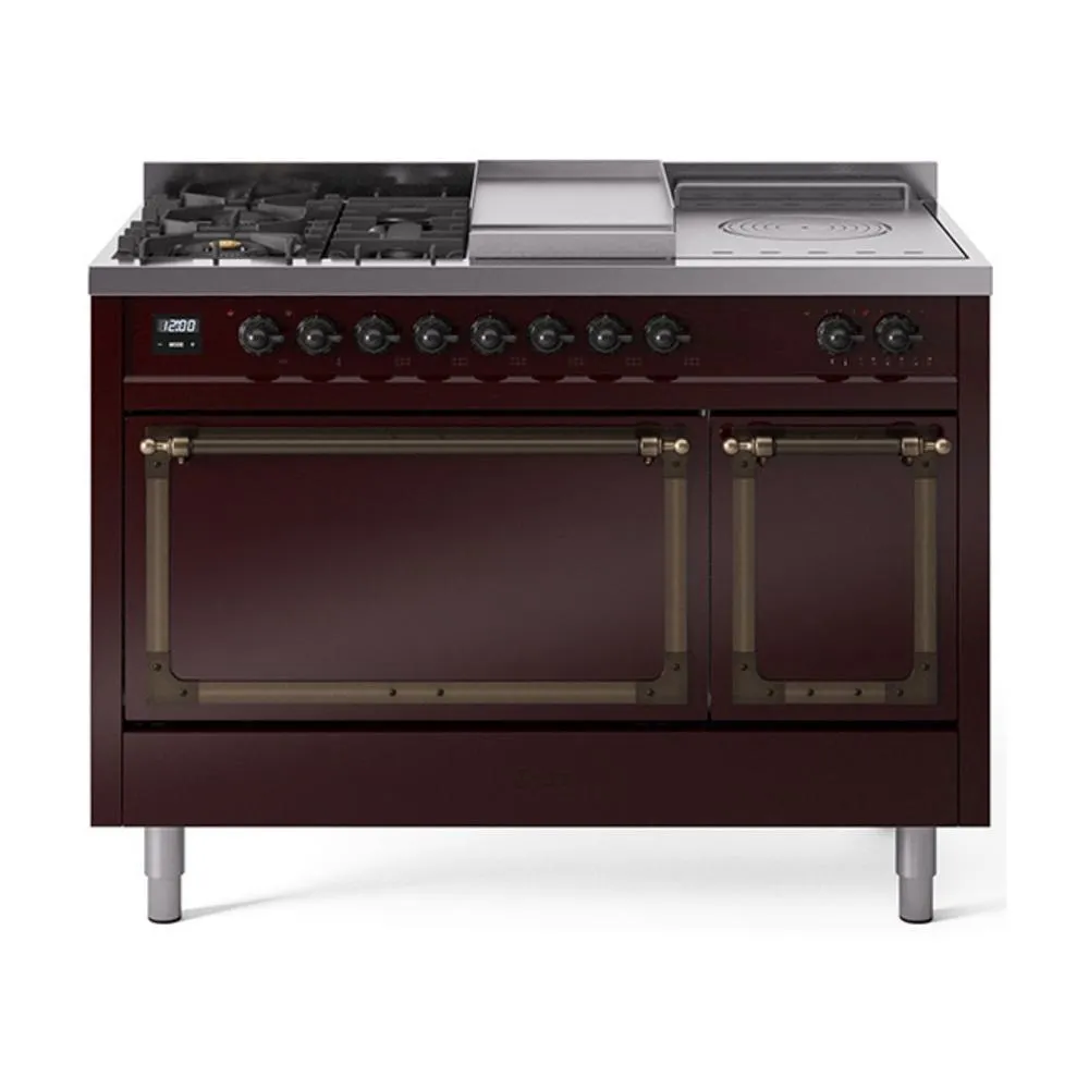Ilve UN48FSQNMPBUB Ilve Un48Fsqnmpbub Nostalgie Ii Noblesse 48" Dual Fuel Range (5 Sealed Burners   Griddle   French Top, Natural Gas, Solid Door, Burgundy, Burnished)
