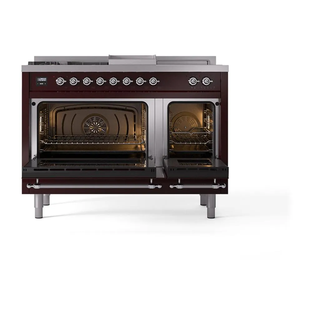 Ilve UN48FSQNMPBUCLP Ilve Un48Fsqnmpbuclp Nostalgie Ii Noblesse 48" Dual Fuel Range (5 Sealed Burners   Griddle   French Top, Liquid Propane, Solid Door, Burgundy, Chrome)