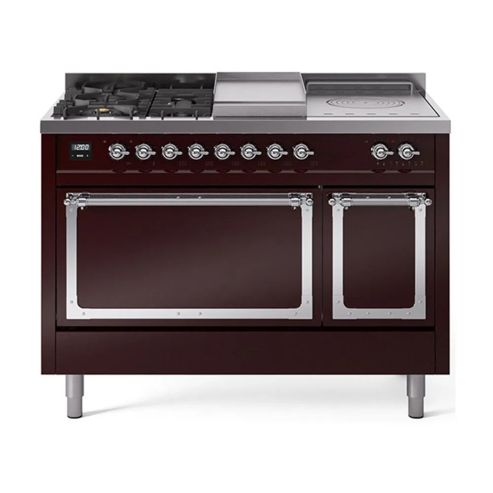 Ilve UN48FSQNMPBUCLP Ilve Un48Fsqnmpbuclp Nostalgie Ii Noblesse 48" Dual Fuel Range (5 Sealed Burners   Griddle   French Top, Liquid Propane, Solid Door, Burgundy, Chrome)