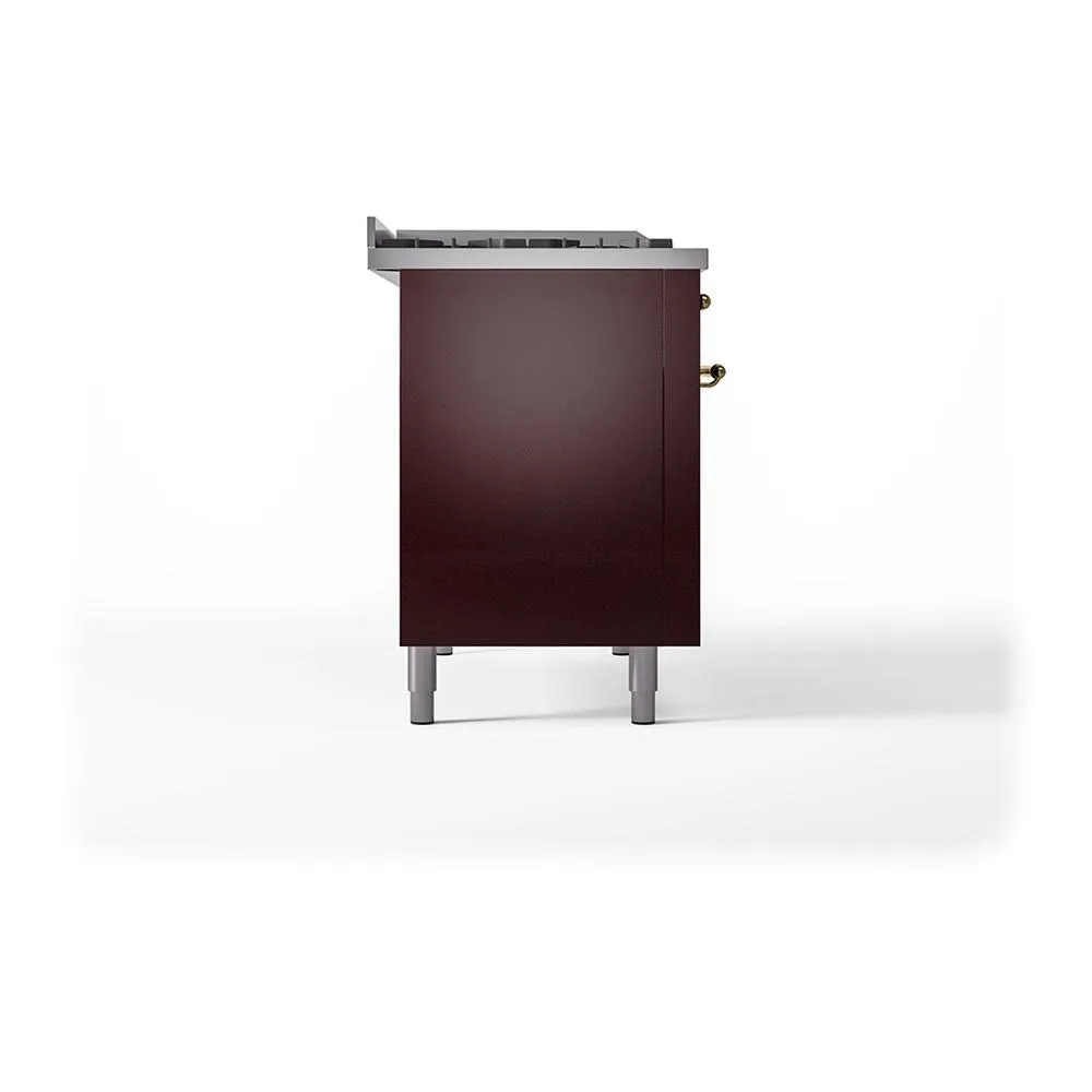 Ilve UN48FSQNMPBUG Ilve Un48Fsqnmpbug Nostalgie Ii Noblesse 48" Dual Fuel Range (5 Sealed Burners   Griddle   French Top, Natural Gas, Solid Door, Burgundy, Brass)