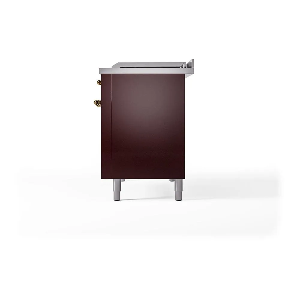 Ilve UN48FSQNMPBUG Ilve Un48Fsqnmpbug Nostalgie Ii Noblesse 48" Dual Fuel Range (5 Sealed Burners   Griddle   French Top, Natural Gas, Solid Door, Burgundy, Brass)