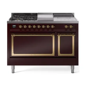 Ilve UN48FSQNMPBUG Ilve Un48Fsqnmpbug Nostalgie Ii Noblesse 48" Dual Fuel Range (5 Sealed Burners   Griddle   French Top, Natural Gas, Solid Door, Burgundy, Brass)