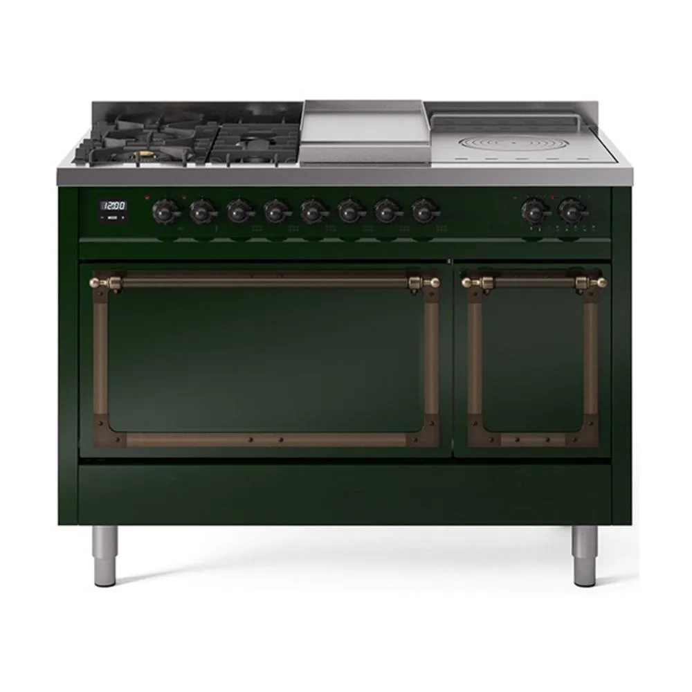 Ilve UN48FSQNMPEGB Ilve Un48Fsqnmpegb Nostalgie Ii Noblesse 48" Dual Fuel Range (5 Sealed Burners   Griddle   French Top, Natural Gas, Solid Door, Emerald Green, Burnished)
