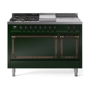 Ilve UN48FSQNMPEGBLP Ilve Un48Fsqnmpegblp Nostalgie Ii Noblesse 48" Dual Fuel Range (5 Sealed Burners   Griddle   French Top, Liquid Propane, Solid Door, Emerald Green, Burnished)