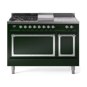 Ilve UN48FSQNMPEGC Ilve Un48Fsqnmpegc Nostalgie Ii Noblesse 48" Dual Fuel Range (5 Sealed Burners   Griddle   French Top, Natural Gas, Solid Door, Emerald Green, Chrome)