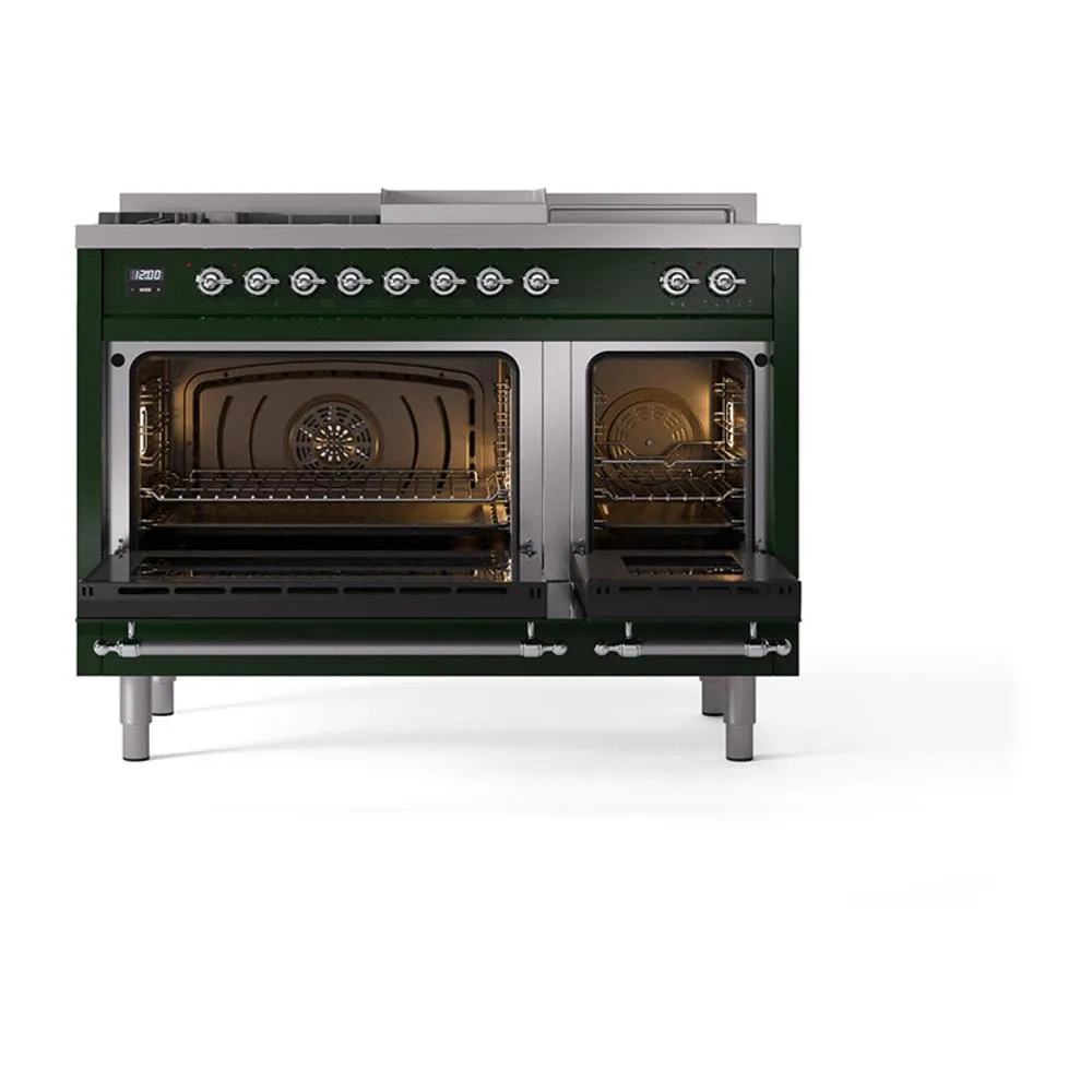 Ilve UN48FSQNMPEGCLP Ilve Un48Fsqnmpegclp Nostalgie Ii Noblesse 48" Dual Fuel Range (5 Sealed Burners   Griddle   French Top, Liquid Propane, Solid Door, Emerald Green, Chrome)
