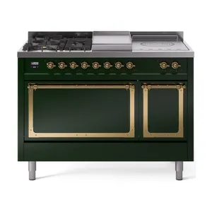 Ilve UN48FSQNMPEGGLP Ilve Un48Fsqnmpegglp Nostalgie Ii Noblesse 48" Dual Fuel Range (5 Sealed Burners   Griddle   French Top, Liquid Propane, Solid Door, Emerald Green, Brass)