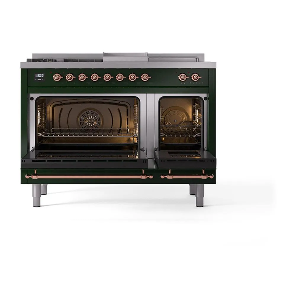 Ilve UN48FSQNMPEGP Ilve Un48Fsqnmpegp Nostalgie Ii Noblesse 48" Dual Fuel Range (5 Sealed Burners   Griddle   French Top, Natural Gas, Solid Door, Emerald Green, Copper)