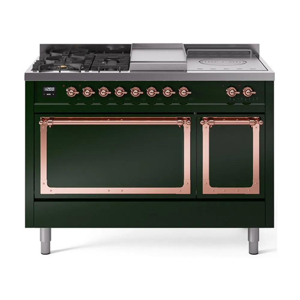 Ilve UN48FSQNMPEGPLP Ilve Un48Fsqnmpegplp Nostalgie Ii Noblesse 48" Dual Fuel Range (5 Sealed Burners   Griddle   French Top, Liquid Propane, Solid Door, Emerald Green, Copper)